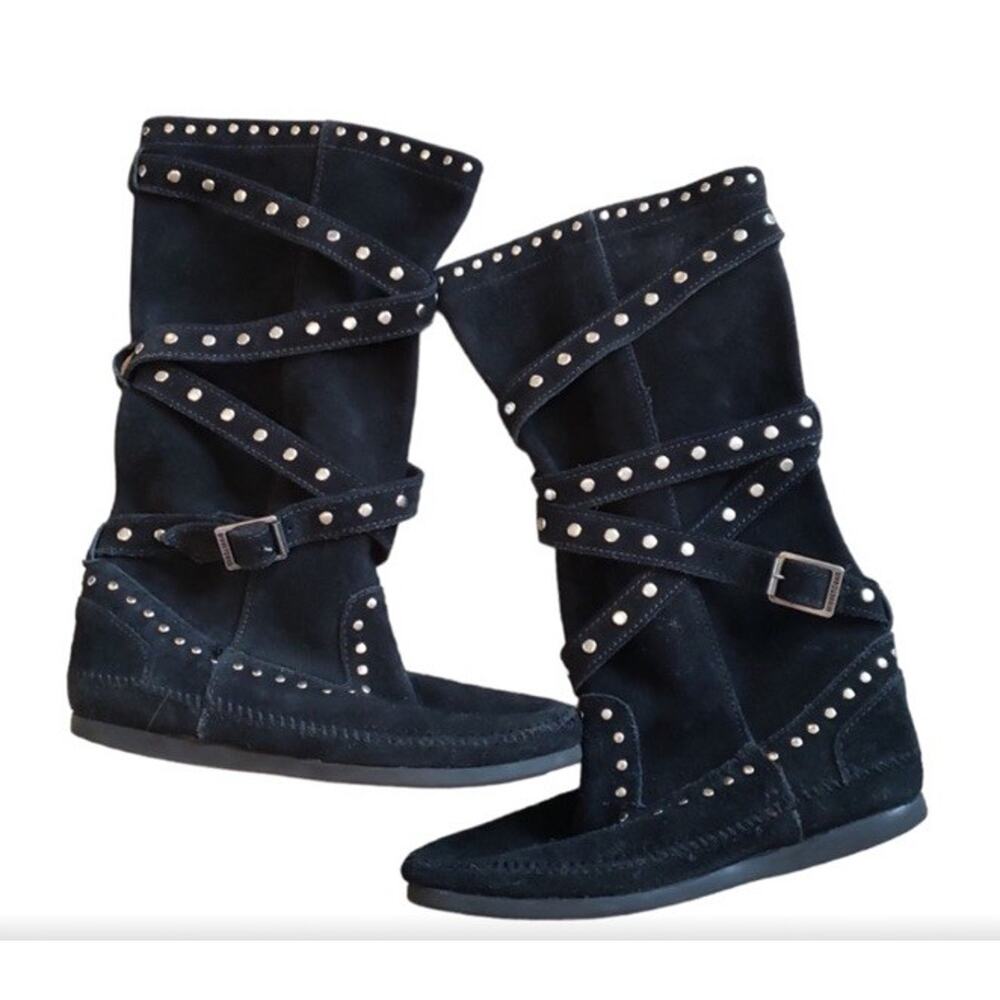 Minnetonka Black Suede Studded Boots Size 7 Boho Western Knee High
